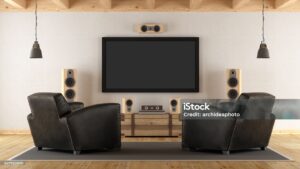 Vintage room with contemporary home cinema system - 3d rendering